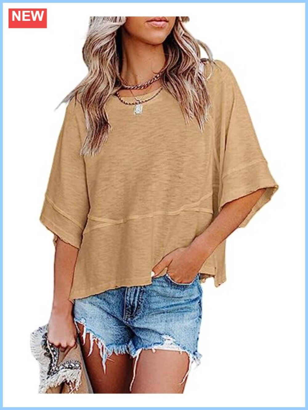 Sovelen Womens Cotton Blend 3/4 Sleeve Loose Fit T-Shirt Summer Casual Top